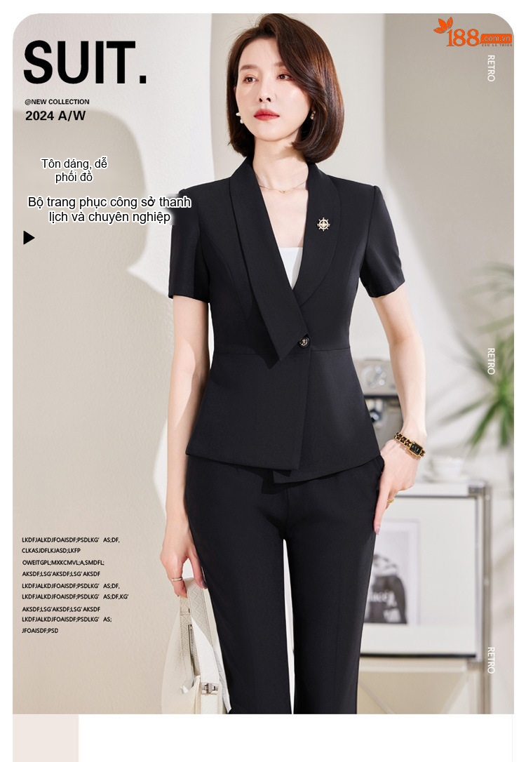 Bộ Vest Công Sở Nữ Tay Ngắn Dáng Lệch Màu Xám, Đen chi tiết 1