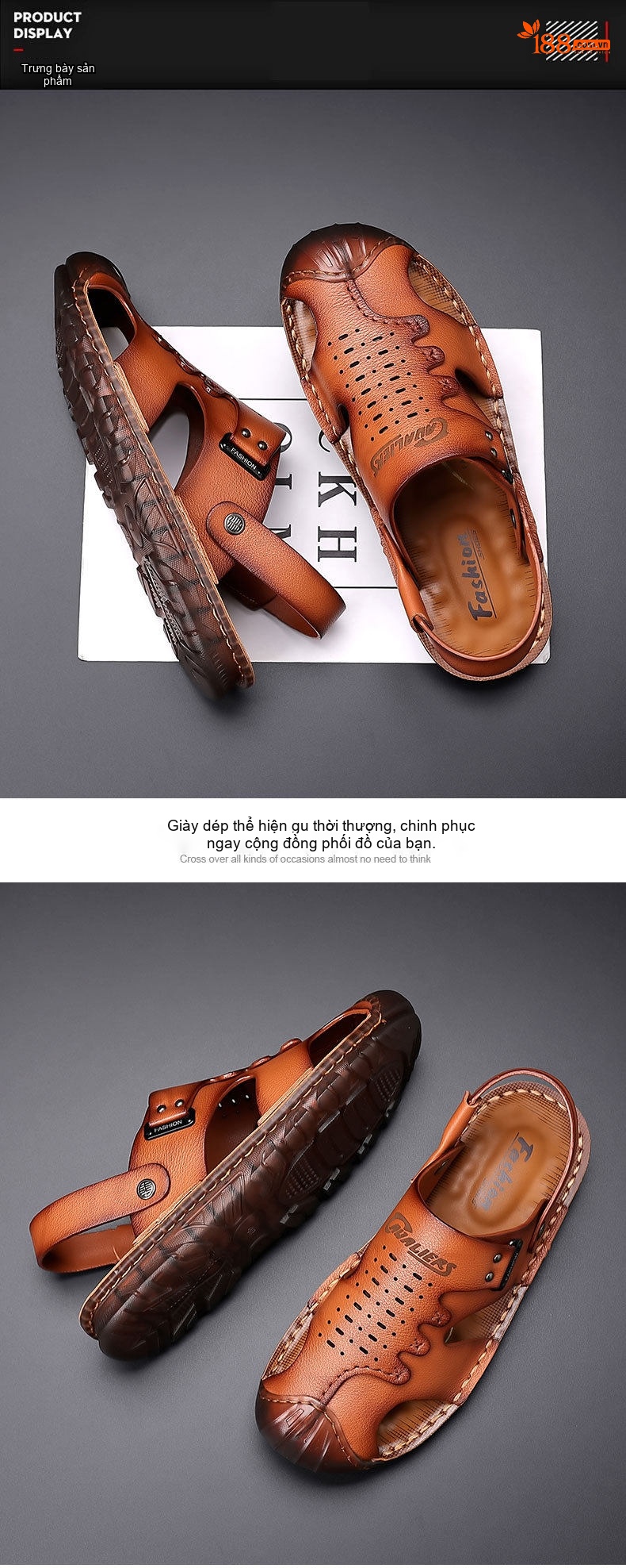 Dép Sandal Nam Da Bò Bít Mũi Thoáng Khí Chiều Cao Đế Khoảng 2cm Màu Nâu, Đen chi tiết 13