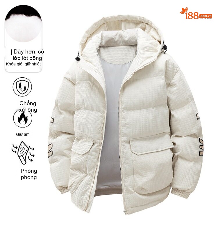 Áo Khoác Cotton Nam Có Mũ Trùm Đầu Dáng Rộng Lót Lông Dày Dặn Kiểu Caro Màu Trắng, Đen chi tiết 1