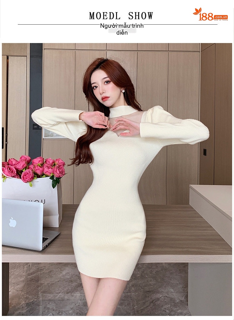 Váy Ôm Body Dệt Kim Tay Dài Chiết Eo Màu Kem, Đỏ, Đen chi tiết 5