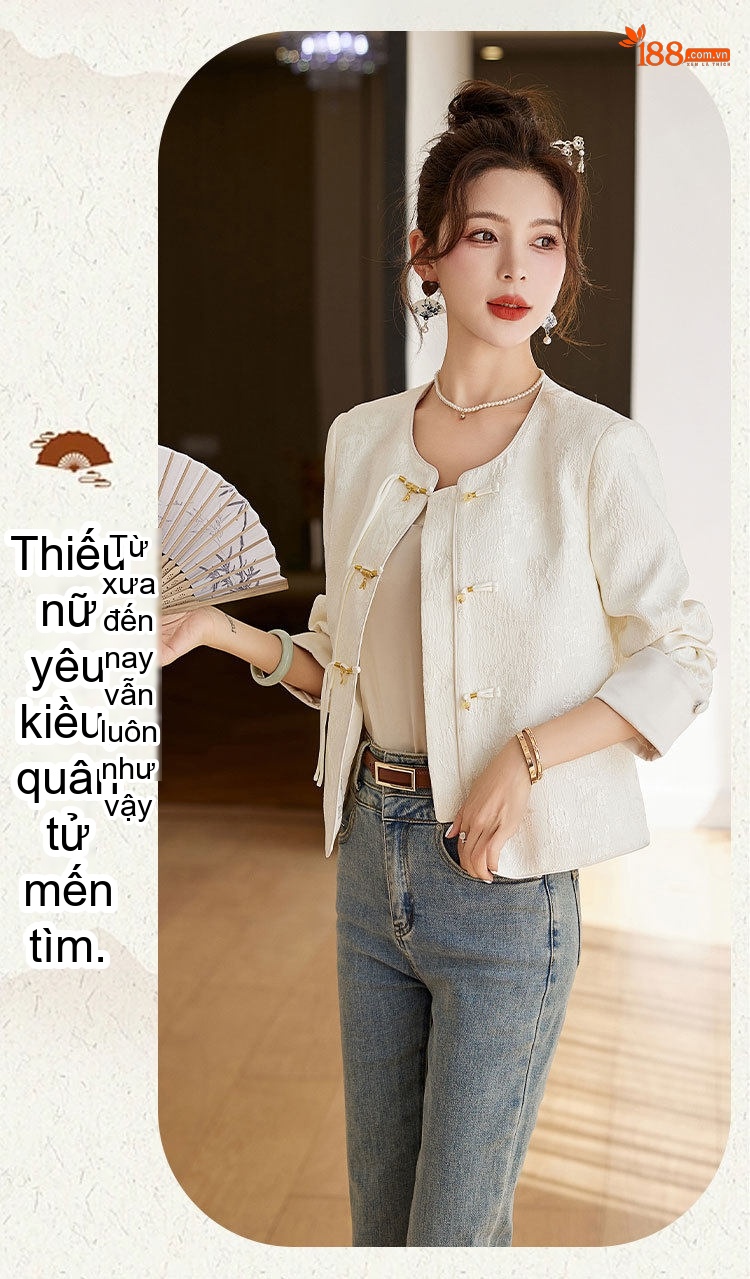 Áo Khoác Nữ Dáng Ngắn Tay Dài Thêu Hoa Cài Khuy Phong Cách Trung Hoa Màu Trắng, Hồng chi tiết 19