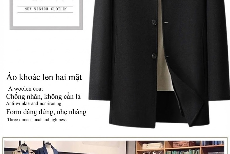 Áo Khoác Dạ Nam Trung Niên Dáng Dài Màu Đen, Xám chi tiết 1