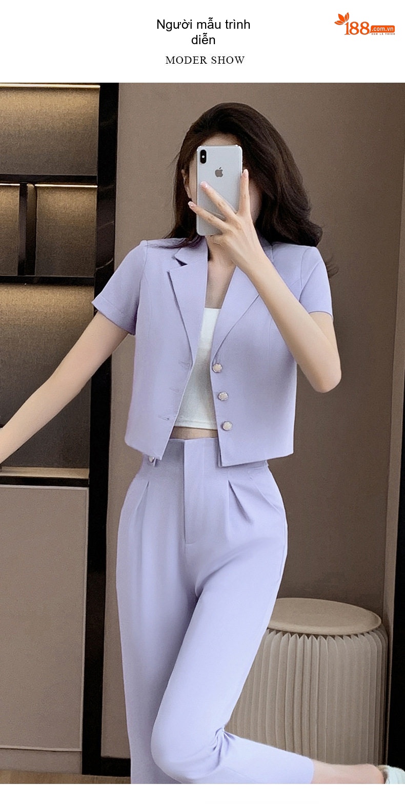 Bộ Vest Công Sở Nữ Tay Ngắn Quần Dài Thanh Lịch Màu Xanh Lá, Tím chi tiết 8