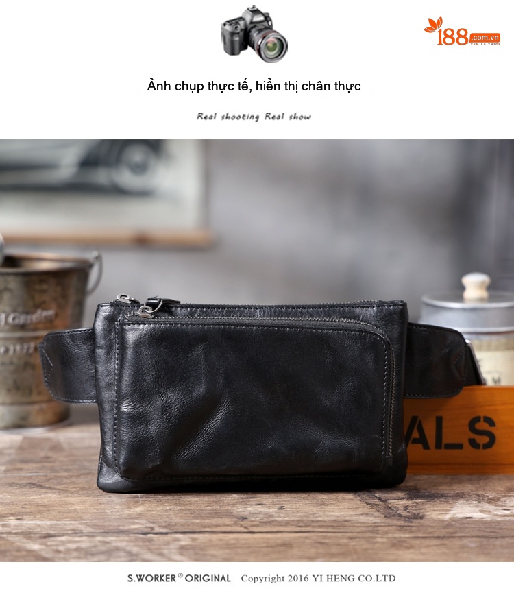 Túi Đeo Ngực/Bụng Nam Da Bò Đựng Điện Thoại Kiểu Vintage Màu Đen chi tiết 8