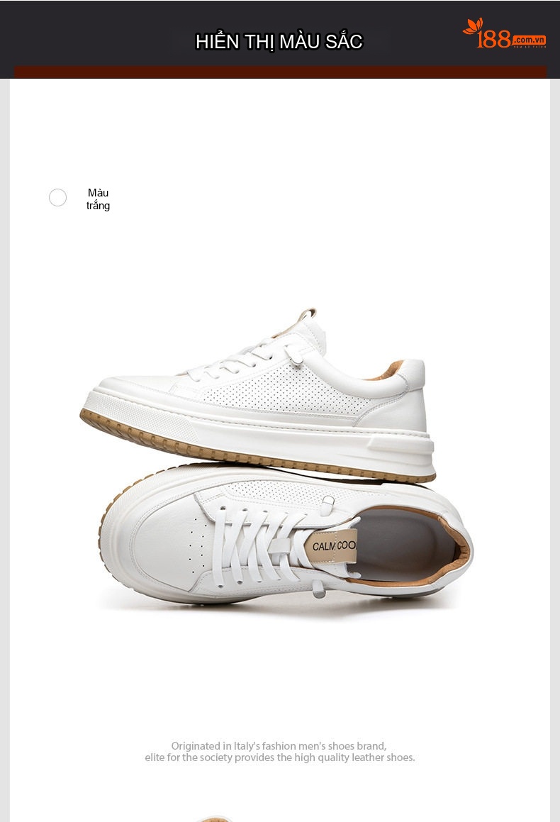 Giày Sneaker Nam Da Bóng Thoáng Khí Chiều Cao Đế Khoảng 4cm Màu Trắng chi tiết 10