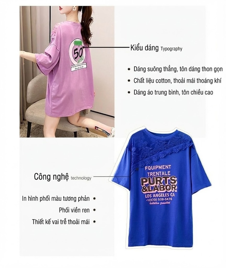 Áo Thun Nữ Tay Ngắn Form Rộng Viền Ren Hoa Văn Màu Trắng, Xanh, Tím chi tiết 3