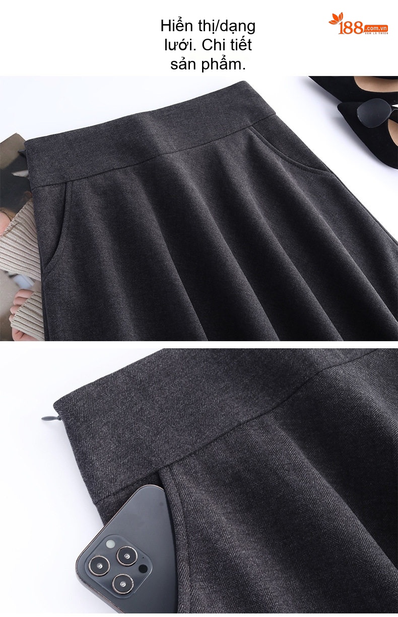 Chân Váy Midi Nữ Lưng Cao dáng chữ A Thời Trang Màu Đen, Nâu, Xám chi tiết 2