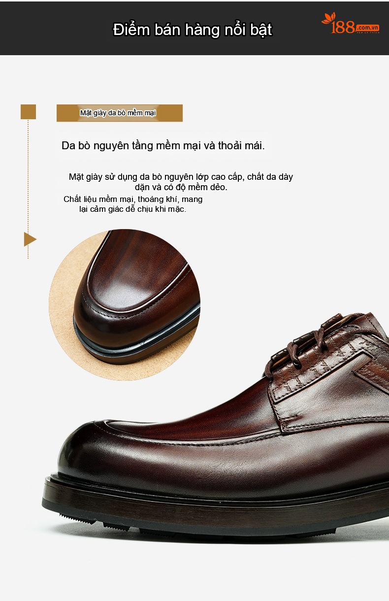 Giày Tây Buộc Dây Nam Da Bò Chiều Cao Đế Khoảng 4cm Màu Đen, Nâu chi tiết 5