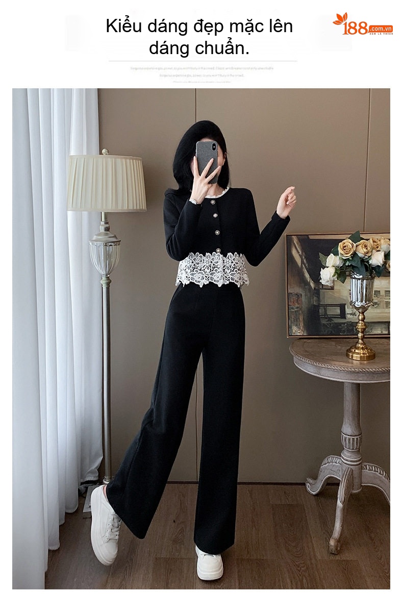 Set Bộ Quần Áo Dài Tay Thu Đông Phong Cách Tiểu Thư Thanh Lịch Màu Đen chi tiết 4