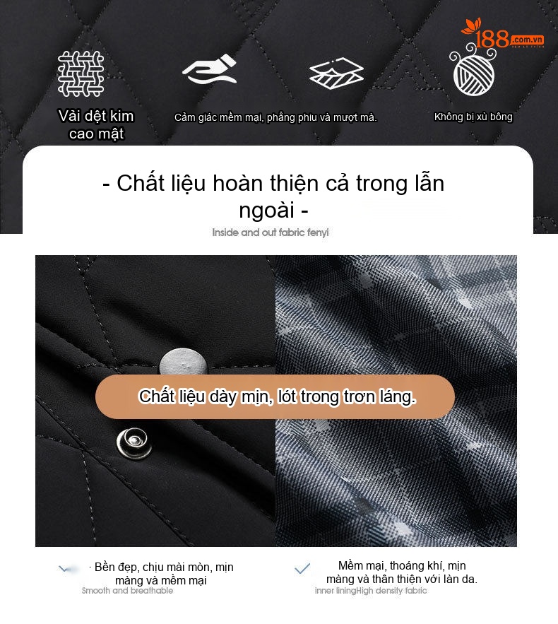 Áo Khoác Bông Nam Trung Niên Dáng Dài Vải Dệt Cổ Bẻ Màu Đen, Xanh Navy chi tiết 6