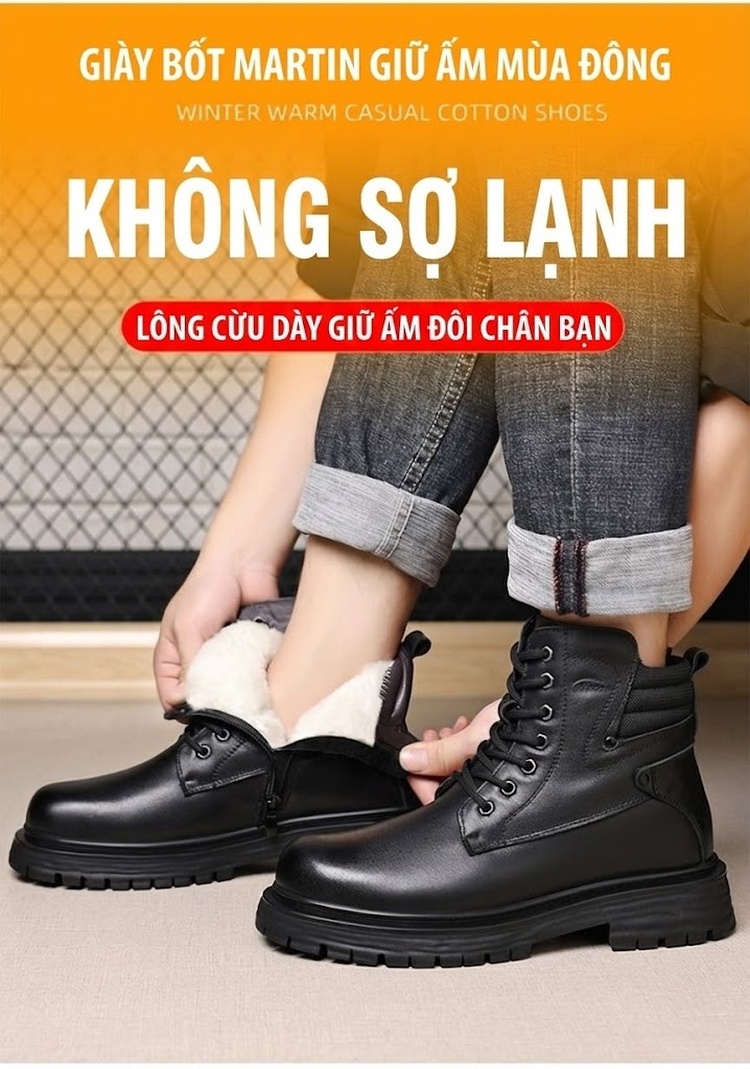 Boot Nam Da Thật Lông Cừu Giữ Ấm Chiều Cao Đế Khoảng 4cm Màu Đen chi tiết 3