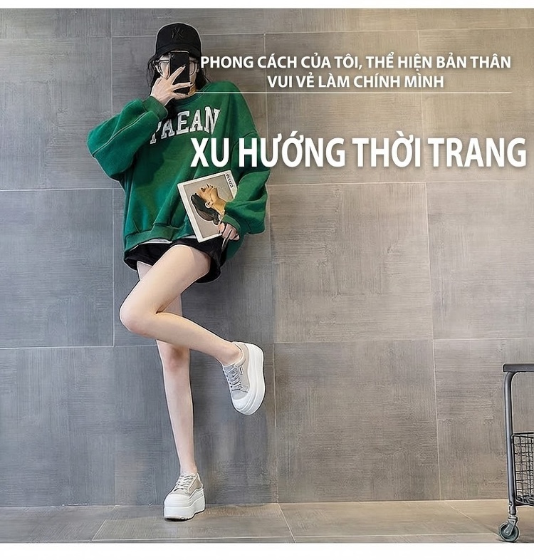 Giày Sneaker Nữ Vải Dệt Đế Dày Chiều Cao Đế Khoảng 8cm Màu Hồng, Trắng, Xám chi tiết 11
