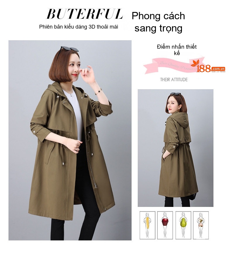 Áo Khoác Gió Dáng Dài Nữ Có Mũ Trùm Đầu Dây Rút Thon Gọn Phong Cách Hàn Quốc Màu Xanh Olive chi tiết 4