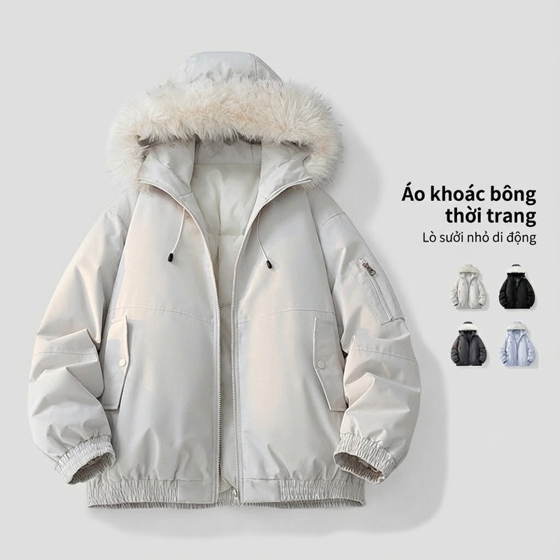 Áo Khoác Parka Nam Nữ Cotton Lót Lông Cừu Giả Cổ Điển Mũ Trùm Đầu Màu Xám, Đen, Trắng, Xanh...