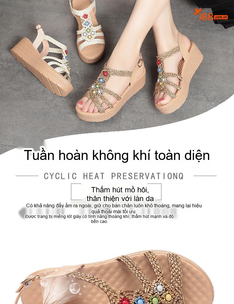 Dép Sandal Nữ Quai Dệt Bện Đính Hoa Đế Mềm Thoải Mái Đế Cao 5cm - 6cm Màu Kem chi tiết 2