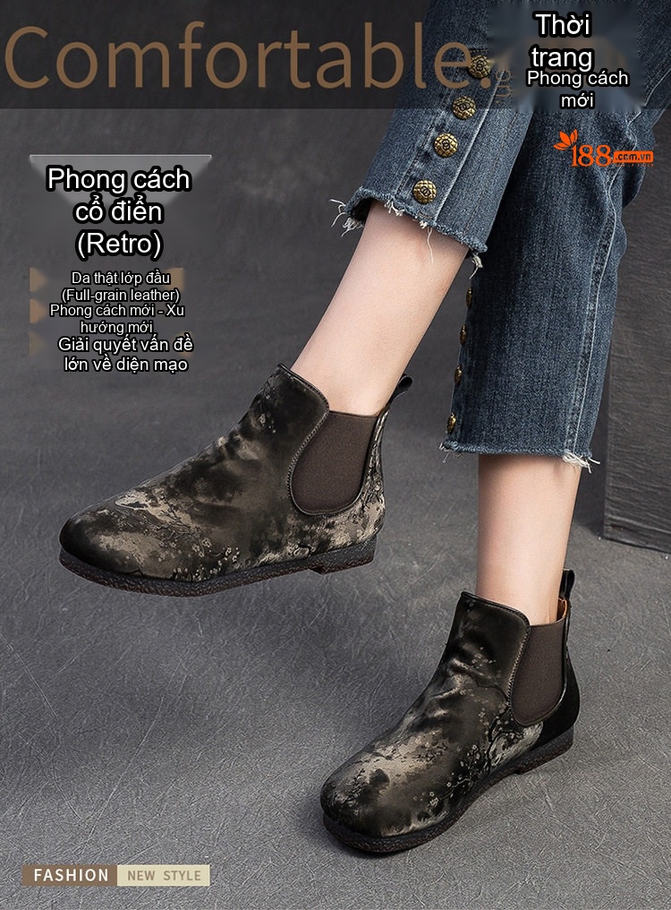 Boot Nữ Cổ Ngắn Vải Lụa Họa Tiết Vintage Chiều Cao Đế Khoảng 1cm Màu Nâu, Đen chi tiết 1