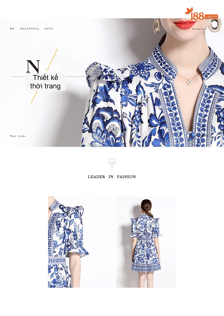 Váy Chữ A Nữ Cổ chữ V Tay Loe Thắt Eo Họa Tiết Cổ Điển Màu Trắng, Xanh Lam chi tiết 3