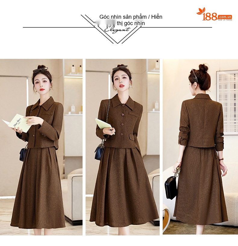 Bộ Vest Nữ Áo Khoác Lửng Tay Dài Chân Váy Midi Phong Cách Hàn Quốc Màu Nâu, Đỏ chi tiết 10