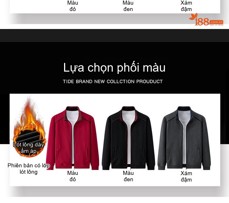 Áo Khoác Bomber Nam Cotton Khóa Kéo Cổ Đứng Phong Cách Thể Thao Màu Xám, Đen, Đỏ chi tiết 6