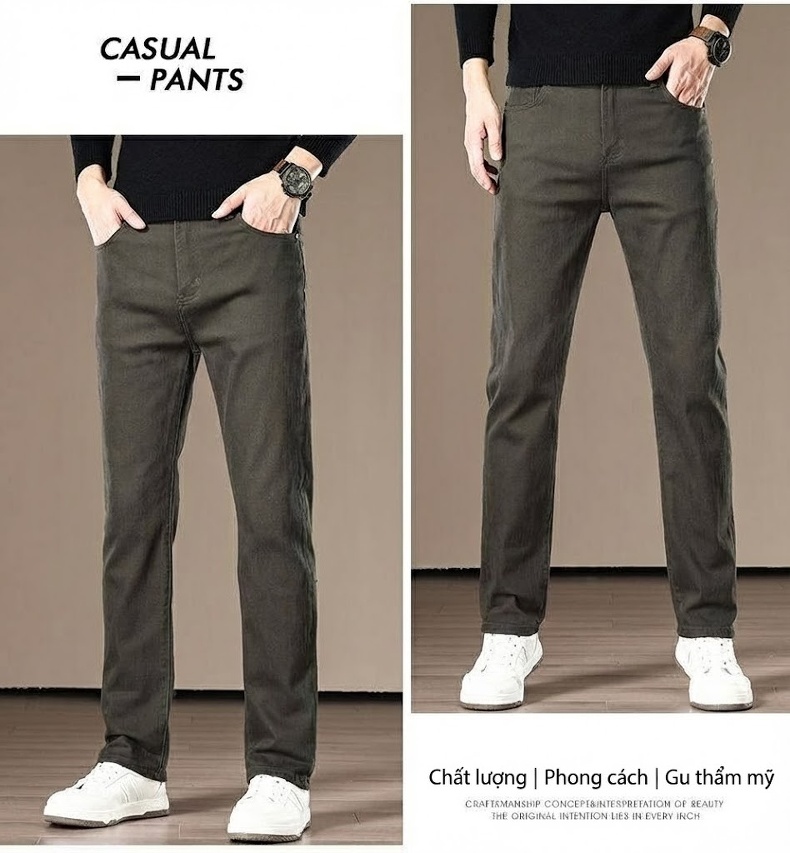 Quần Jean Nam Cotton Màu Trơn Dáng Ôm Vừa Vặn Co Giãn Tốt Màu Xám chi tiết 13