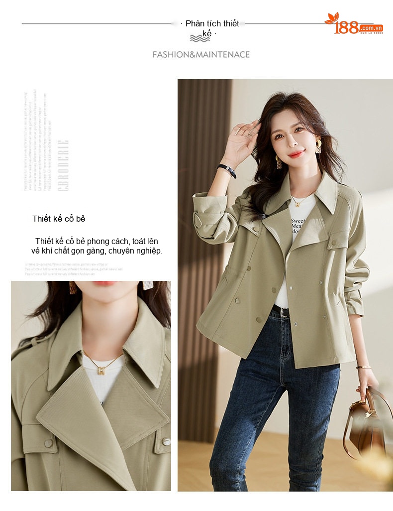 Áo Khoác Gió Nữ Cổ chữ Vest Dáng Ôm Tay Dài Màu Be, Xanh chi tiết 7