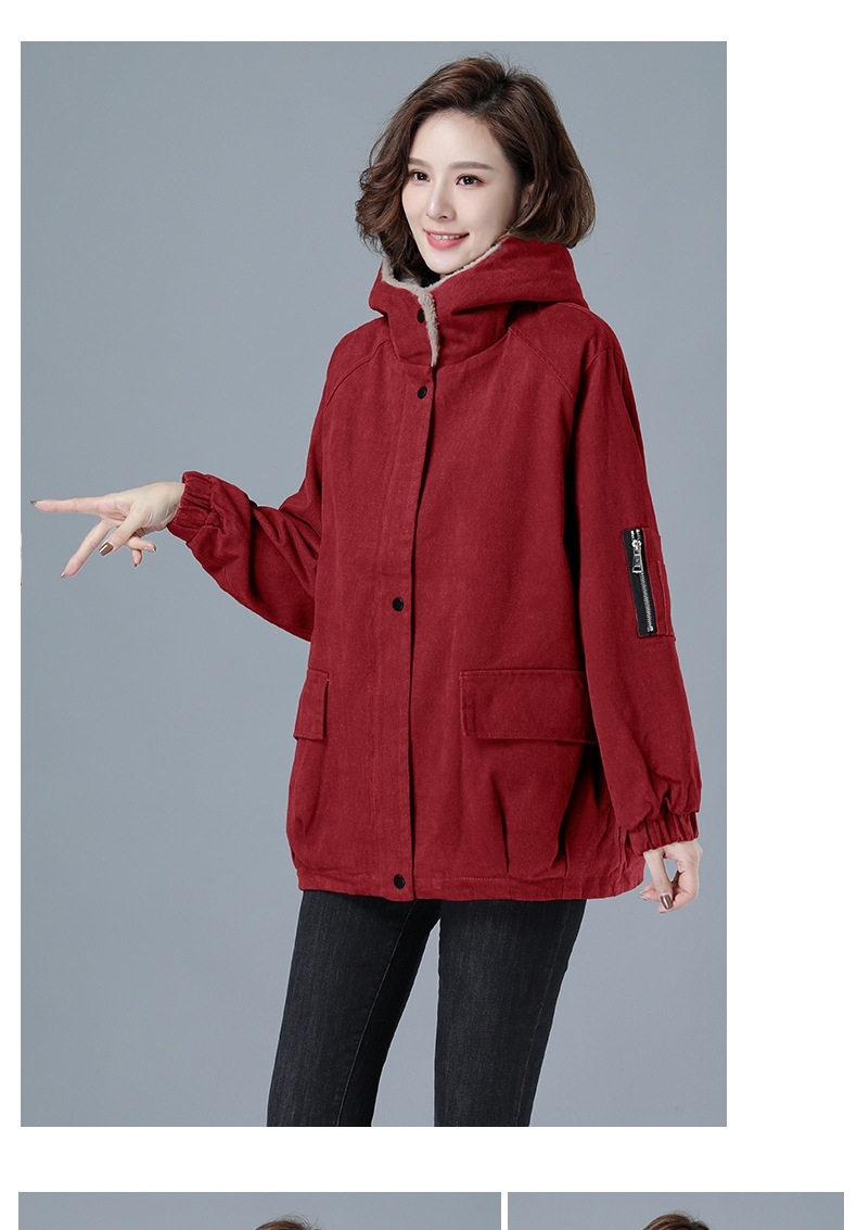 Áo Khoác Nữ Cotton Lót Lông Cừu Non Dày Dặn Có Mũ Trùm Đầu Màu Đỏ, Nâu, Đen chi tiết 15