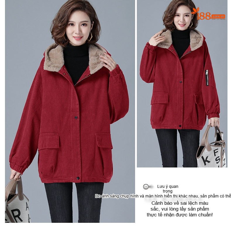 Áo Khoác Nữ Cotton Lót Lông Cừu Non Dày Dặn Có Mũ Trùm Đầu Màu Đỏ, Nâu, Đen chi tiết 16