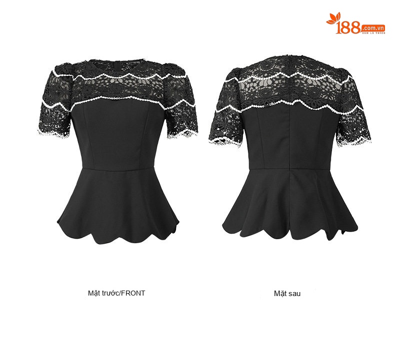 Áo Kiểu Nữ Cổ Tròn Tay Ngắn Phối Ren Eo Ôm Dáng Peplum Màu Đen chi tiết 5