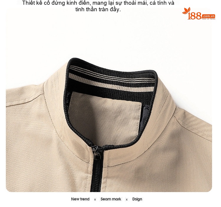 Áo Khoác Bomber Nam Cotton Dáng Đứng Cổ Tay Bo Chun Thu Đông Màu Be, Đen, Vàng Nâu chi tiết 7