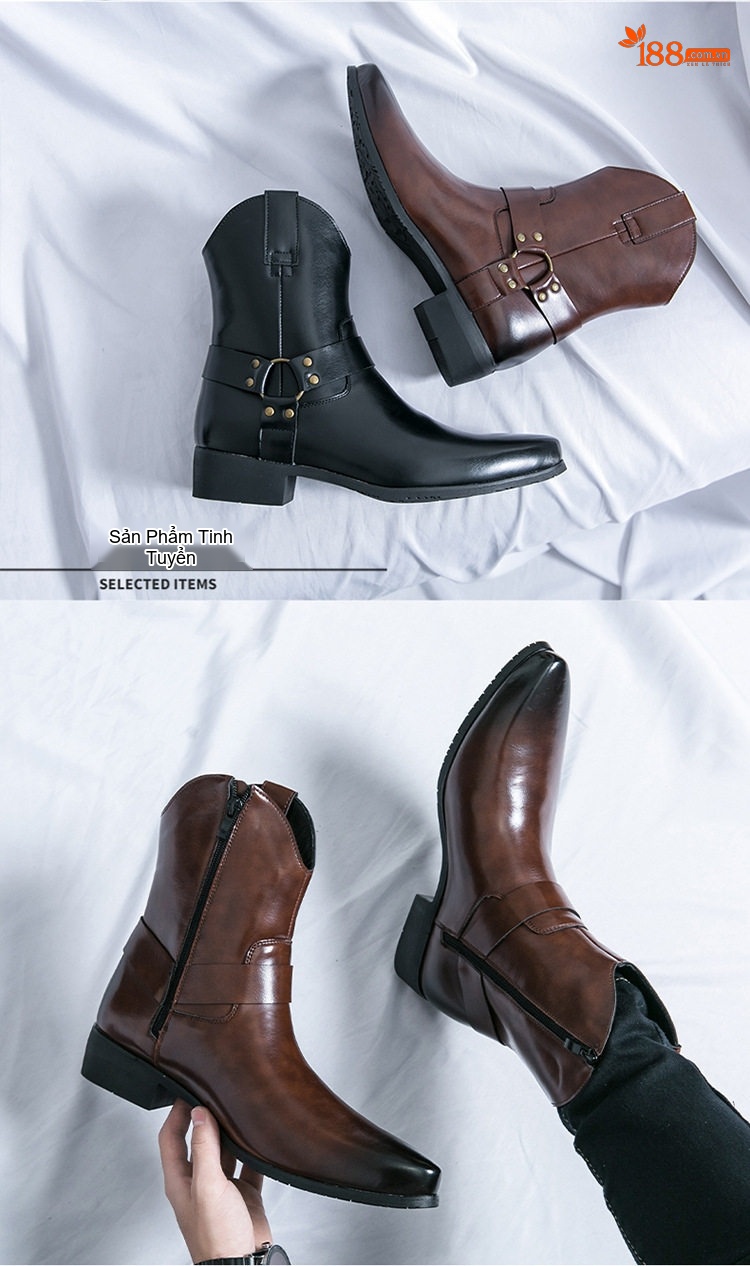 Giày Boot Martin Nam Cổ Cao Khóa Kéo Da Bóng Mũi Nhọn Chiều Cao Đế Khoảng 3cm Màu Đen, Nâu chi tiết 2