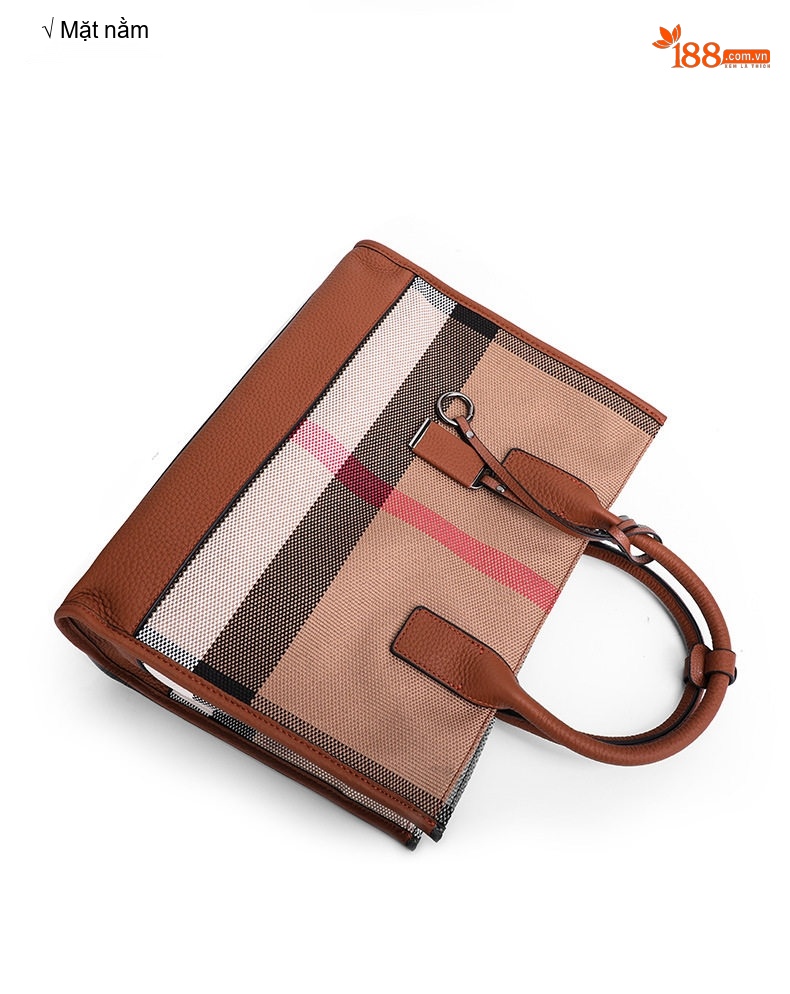 Túi Tote Nữ Vải Canvas Họa Tiết Kẻ Ô Cao Cấp Phối Da Màu Nâu chi tiết 13
