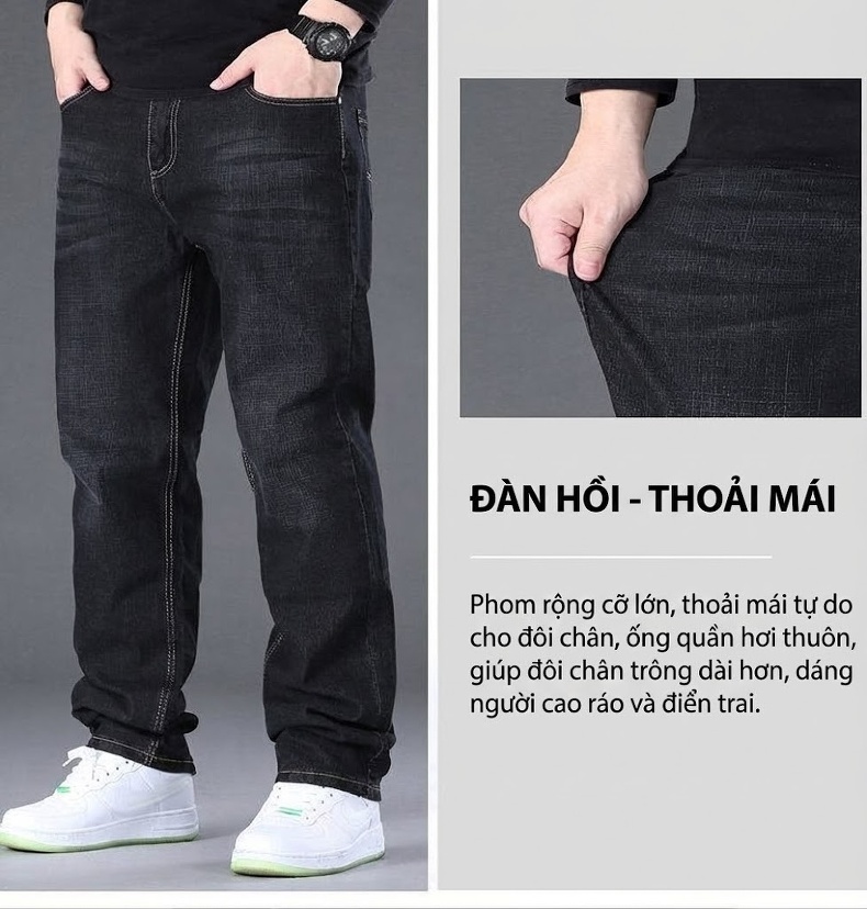 Quần Jean Nam Ống Đứng Co Giãn Lớn Dáng Rộng Thoải Mái Màu Xanh, Đen chi tiết 37