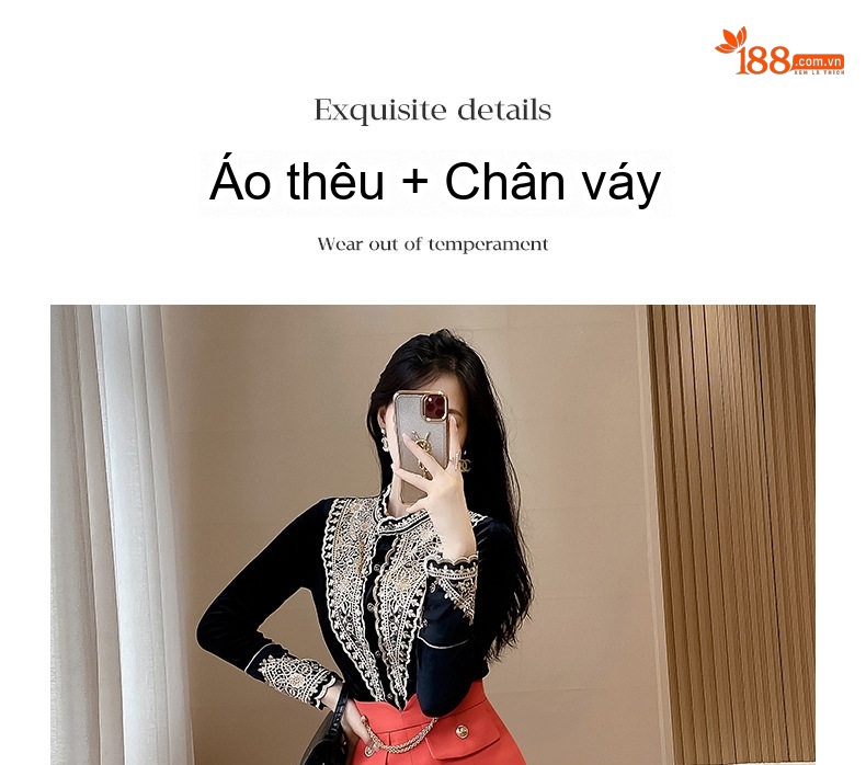 Set Bộ Áo Sơ Mi Tay Dài Thiết Kế Thanh Lịch và Chân Váy Bút Chì Màu Đen, Đỏ chi tiết 2