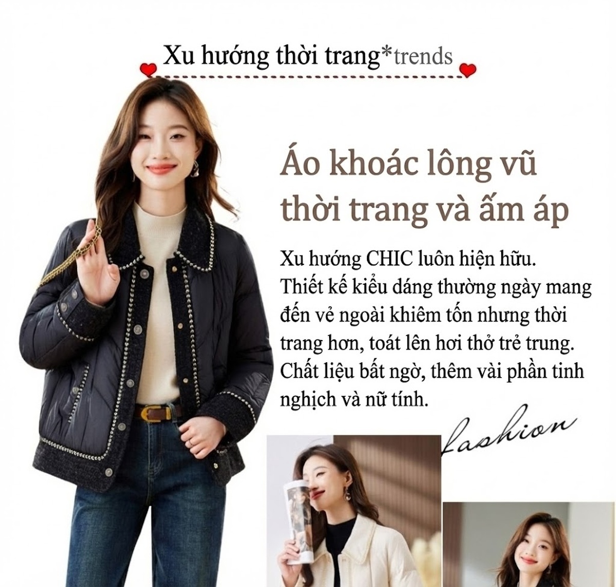 Áo Khoác Phao Nữ Ngắn Tay Phong Cách Tiểu Thư Sang Trọng Màu Trắng Kem, Đen chi tiết 3
