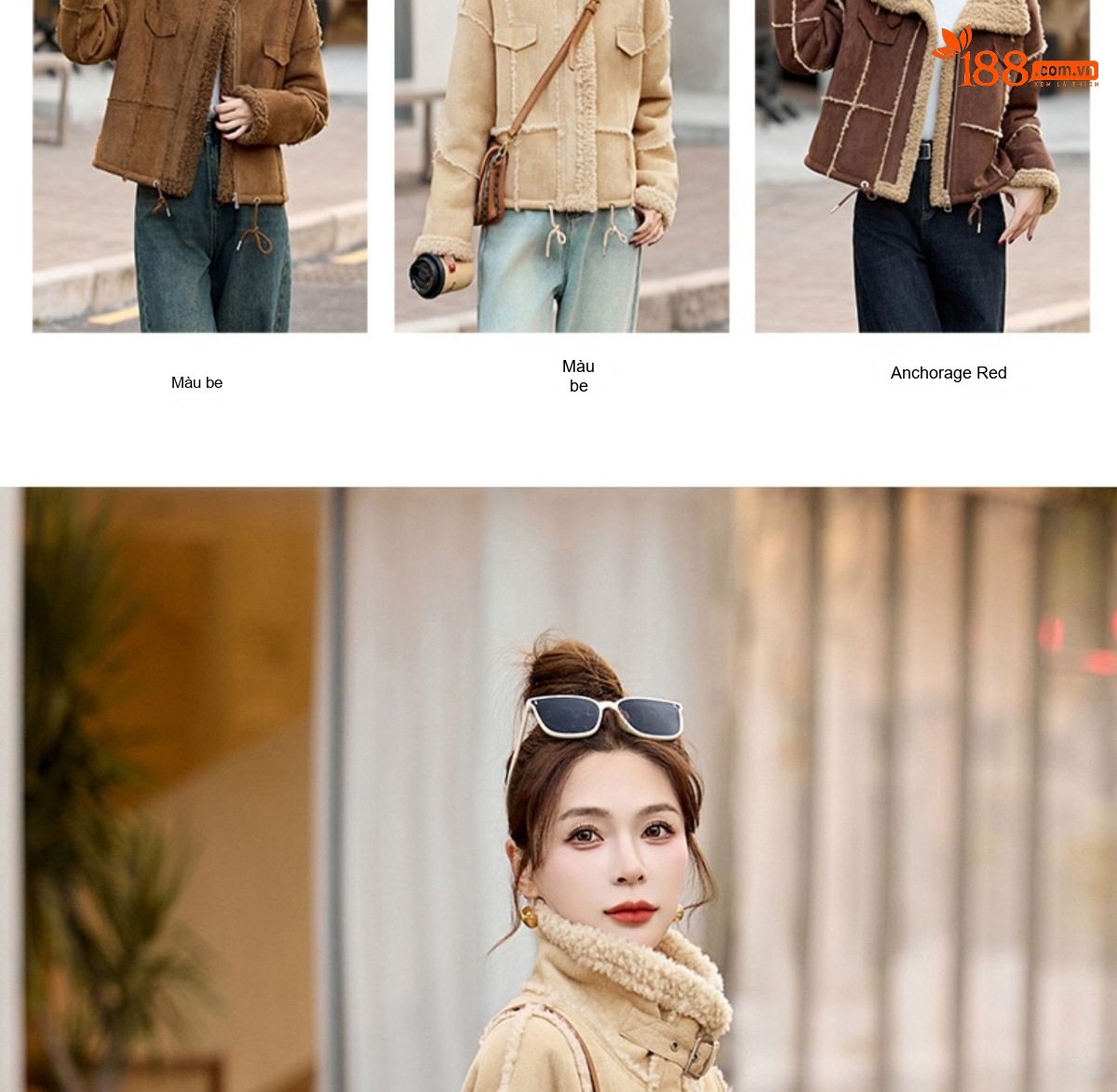 Áo Khoác Lông Cừu Non Nữ Lót Nhung Dày Dặn Kiểu Bomber Da Lộn Màu Be, Nâu chi tiết 11