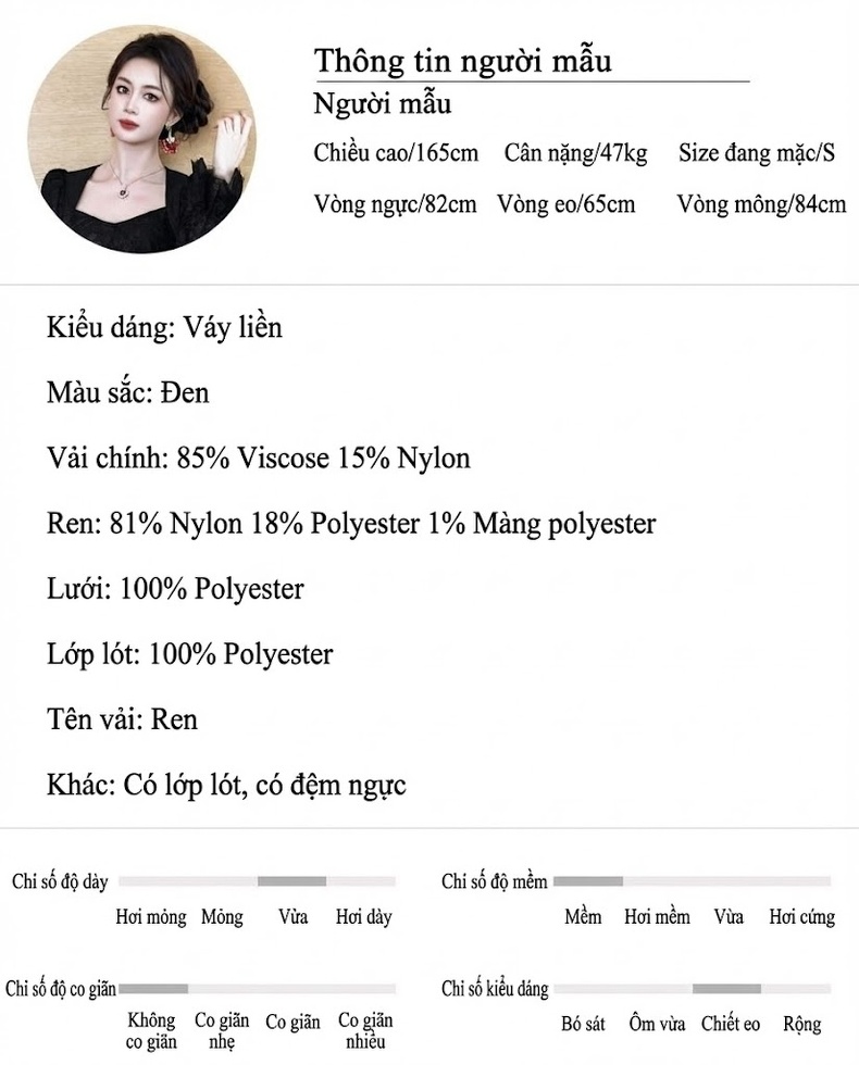 Váy Đầm Nữ Tiểu Thư Cổ chữ Vuông Tay Loa Phối Ren Phong Cách Thu Đông Màu Đen chi tiết 2