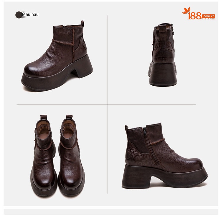 Boot Nữ Cổ Ngắn Da Bò Đế Xuồng Chiều Cao Đế Khoảng 6cm Phong Cách Retro Màu Đen, Nâu chi tiết 18