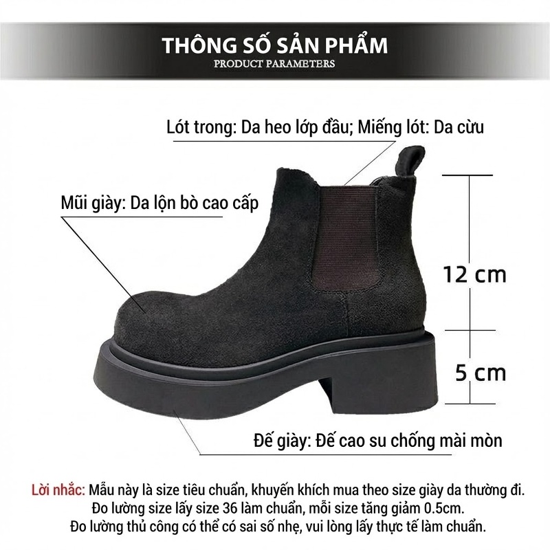 Boot Chelsea Nữ Da Bò Satin Đế Cao 5cm Màu Đen, Nâu