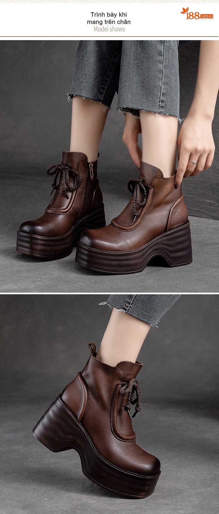 Boot Nữ Da Bò Cổ Ngắn Khóa Bên Hông Chiều Cao Đế Khoảng 8cm Màu Đen, Nâu chi tiết 8