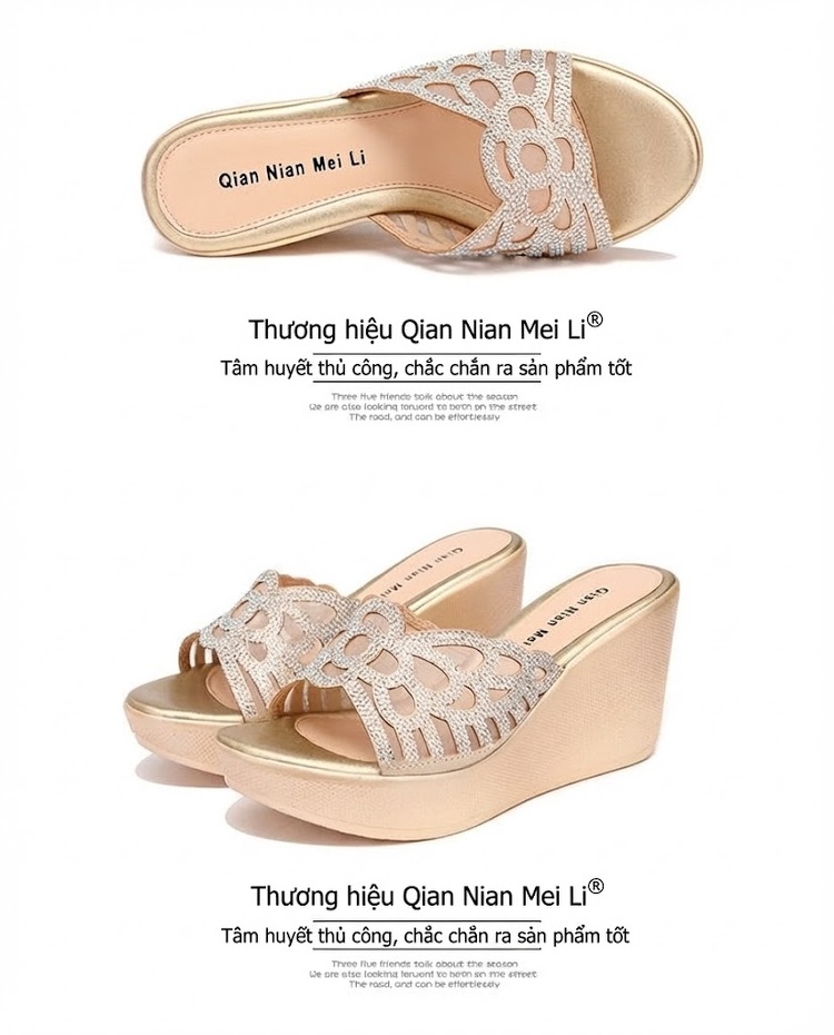 Dép Lê Nữ Đế Xuồng Quai Trong Suốt Đính Đá Chiều Cao Đế Khoảng 6cm Màu Bạc, Đen chi tiết 17