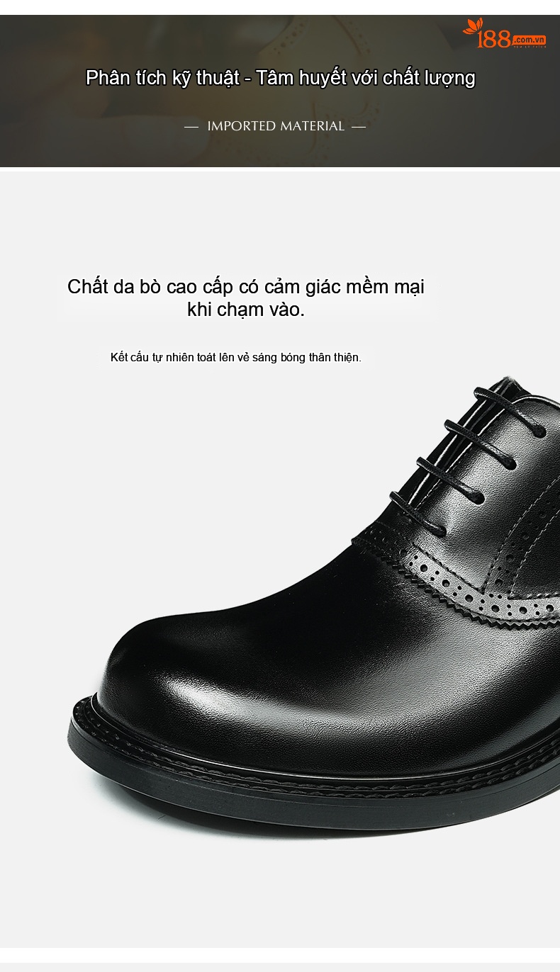 Giày Tây Buộc Dây Nam Da Thật Brogue Chiều Cao Đế Khoảng 3cm Màu Đen, Nâu chi tiết 7
