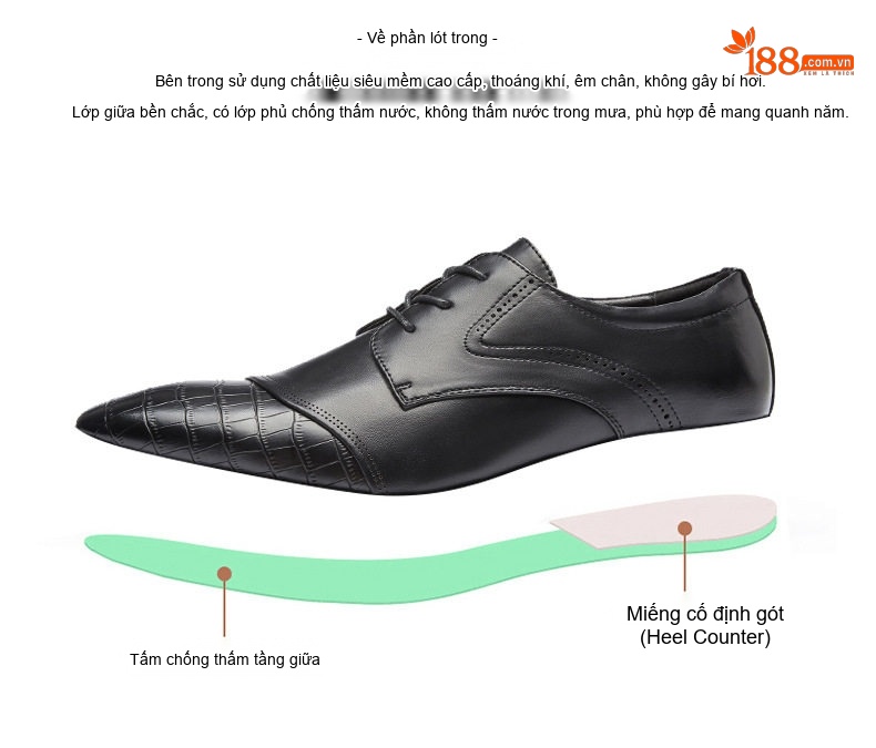 Giày Tây Buộc Dây Nam Da Bóng Mũi Nhọn Chiều Cao Đế Khoảng 3cm Màu Đen, Nâu chi tiết 4