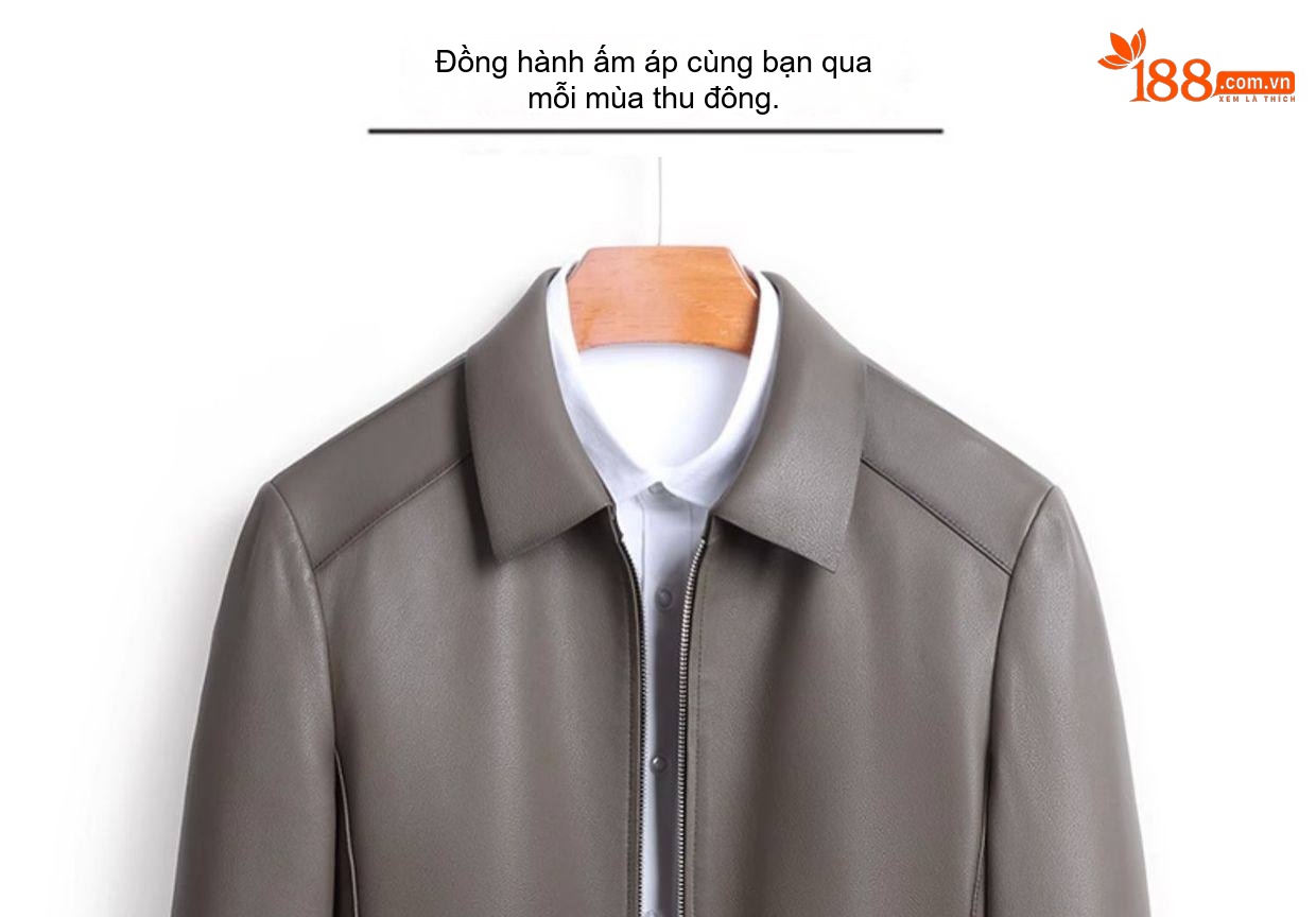 Áo Khoác Da Cừu Thật Nam Cổ Bẻ Khóa Kéo Phong Cách Doanh Nhân Màu Xám chi tiết 1