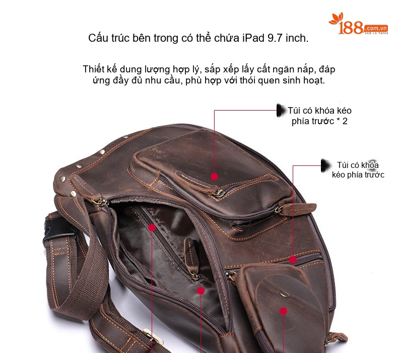 Túi Đeo Ngực Nam Da Bò Crazy Horse Phong Cách Retro chi tiết 9