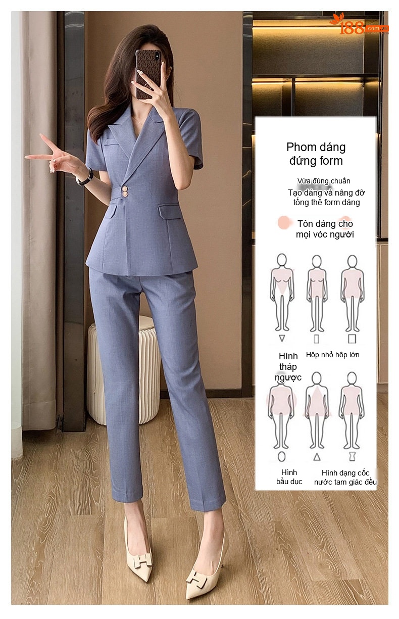 Bộ Vest Công Sở Nữ Tay Ngắn Áo Blazer Quần/Chân Váy Màu Xám, Đen, Xanh Dương chi tiết 12