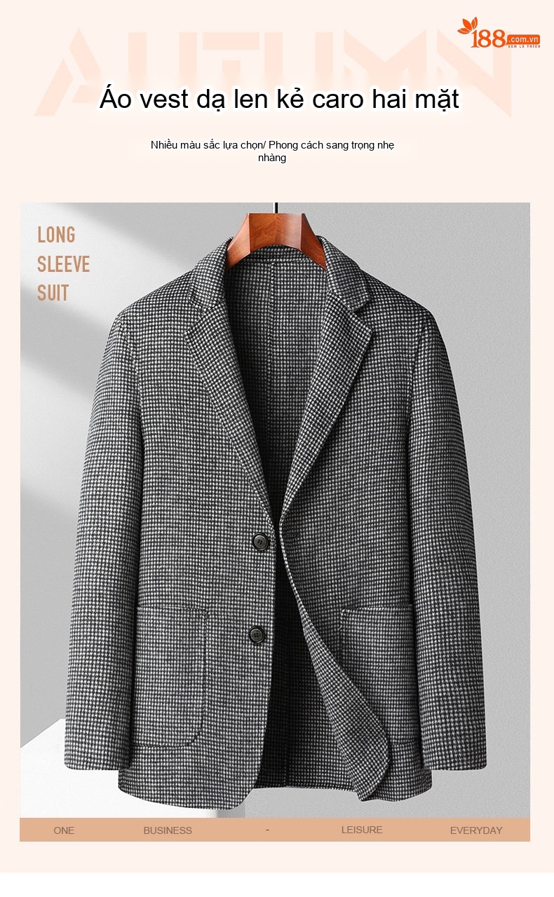 Áo Vest Nam Hai Mặt Dáng Ôm Họa Tiết Kẻ Houndstooth Lông Cừu Màu Nâu, Xám, Xanh Navy, Xám Đậm... chi tiết 1