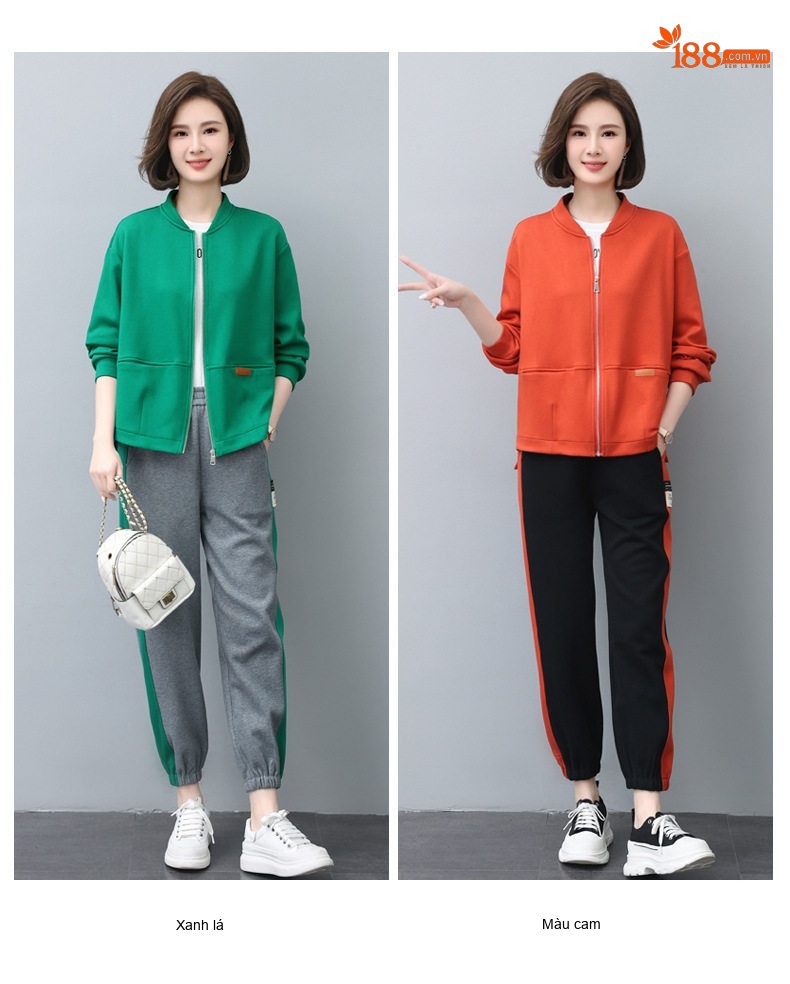 Bộ Đồ Thể Thao Nữ Thu Đông Áo Khoác Dáng Bomber Quần Dài Màu Xanh Lá, Cam, Xám, Đen chi tiết 18