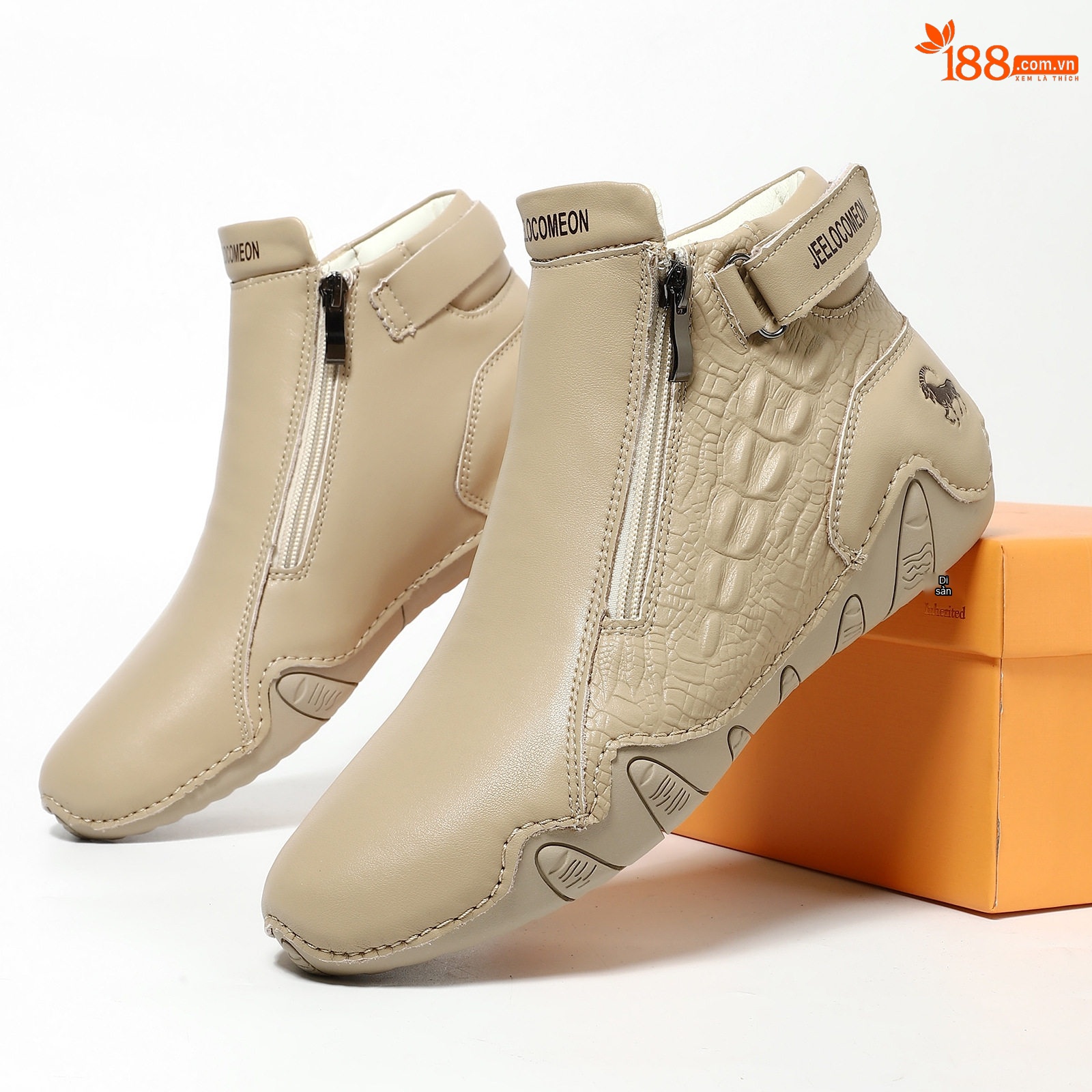 Giày Martin Cao Cổ Da Thật Khóa Kéo Đế Cao 3cm