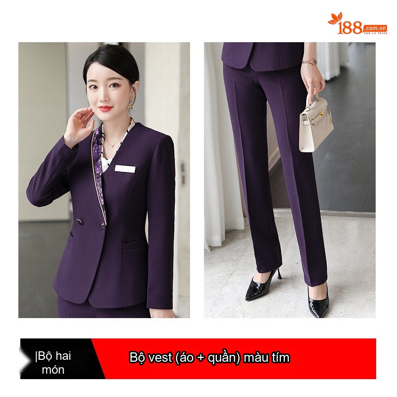 Bộ Vest Công Sở Nữ Quần Dài/Chân Váy Áo Blazer Thanh Lịch Màu Đen, Xanh Dương, Tím