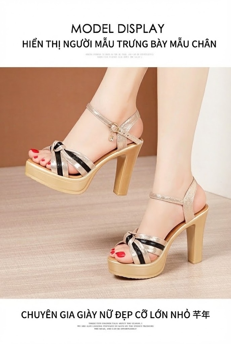 Giày Sandal Cao Gót Nữ Quai Ngang Hở Ngón Gót Cao 10cm Màu Vàng, Đen, Đỏ chi tiết 9